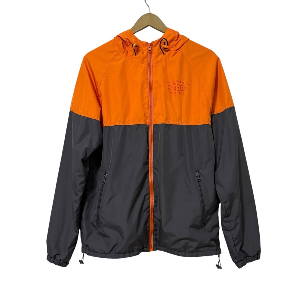 Disney Parks 1971 Size Small Orange Gray Lightweight Full Zip Hooded Windbreaker